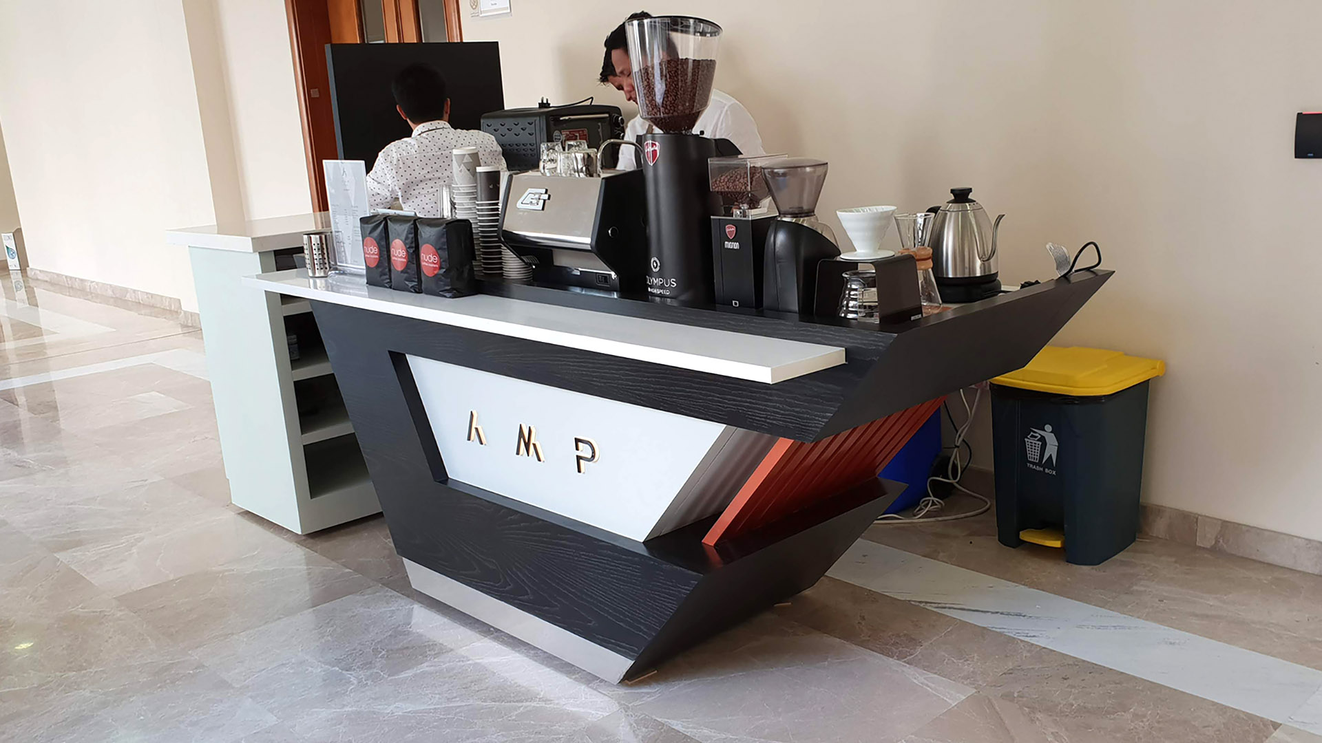 A custom Coffee Kiosk for AMP Coffee designed, fabricated and installed by ME Visual, Qatar
