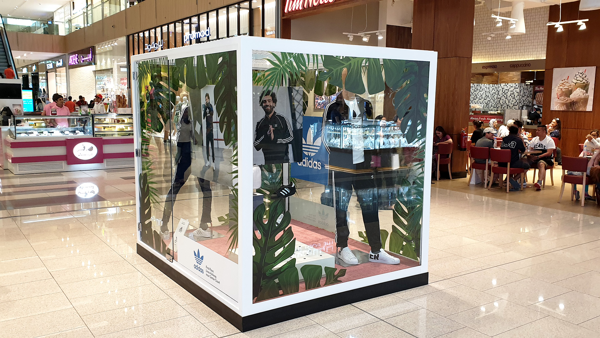 Custom fabricated Window Display Boxes for Doha Festival City made from Steel and Glass by ME Visual. This example features an Adidas campaign including Mohamed Salah