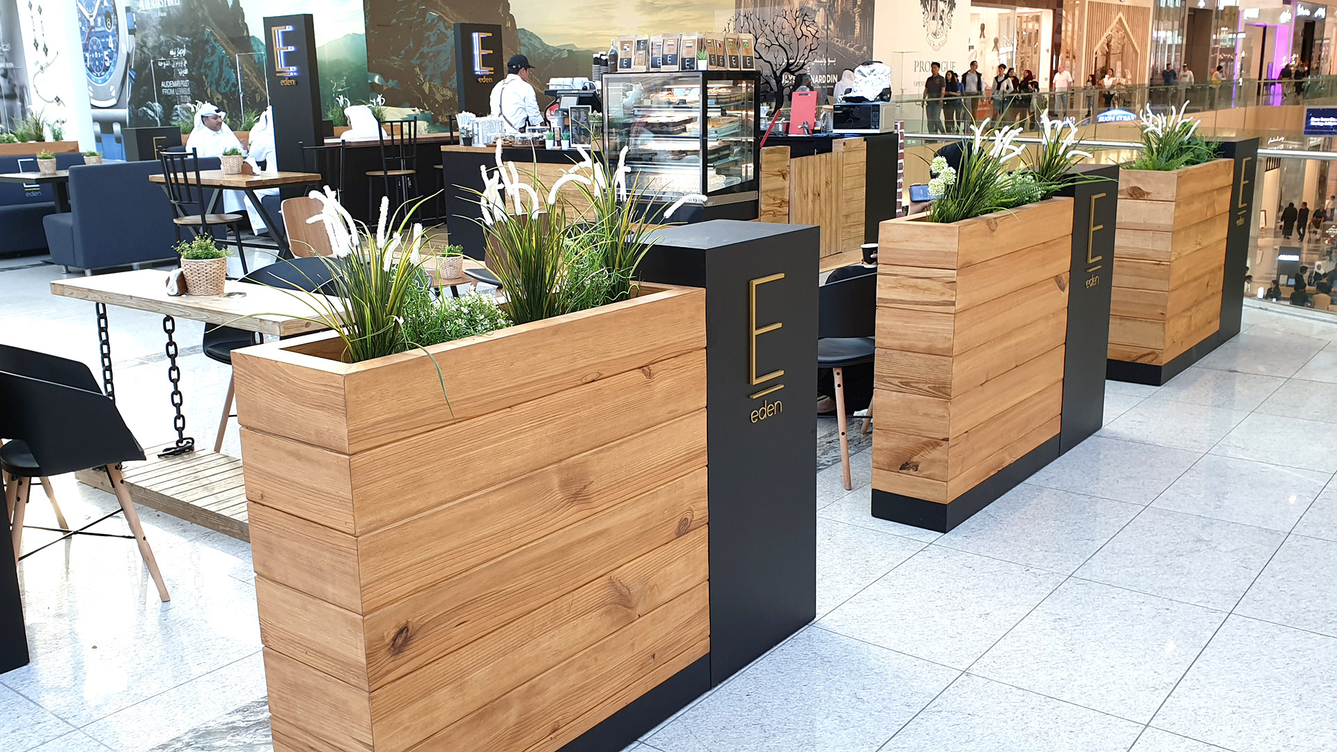 Eden Cafe Kiosk and Furniture custom fabricated from Timber and Steel by ME Visual, Qatar