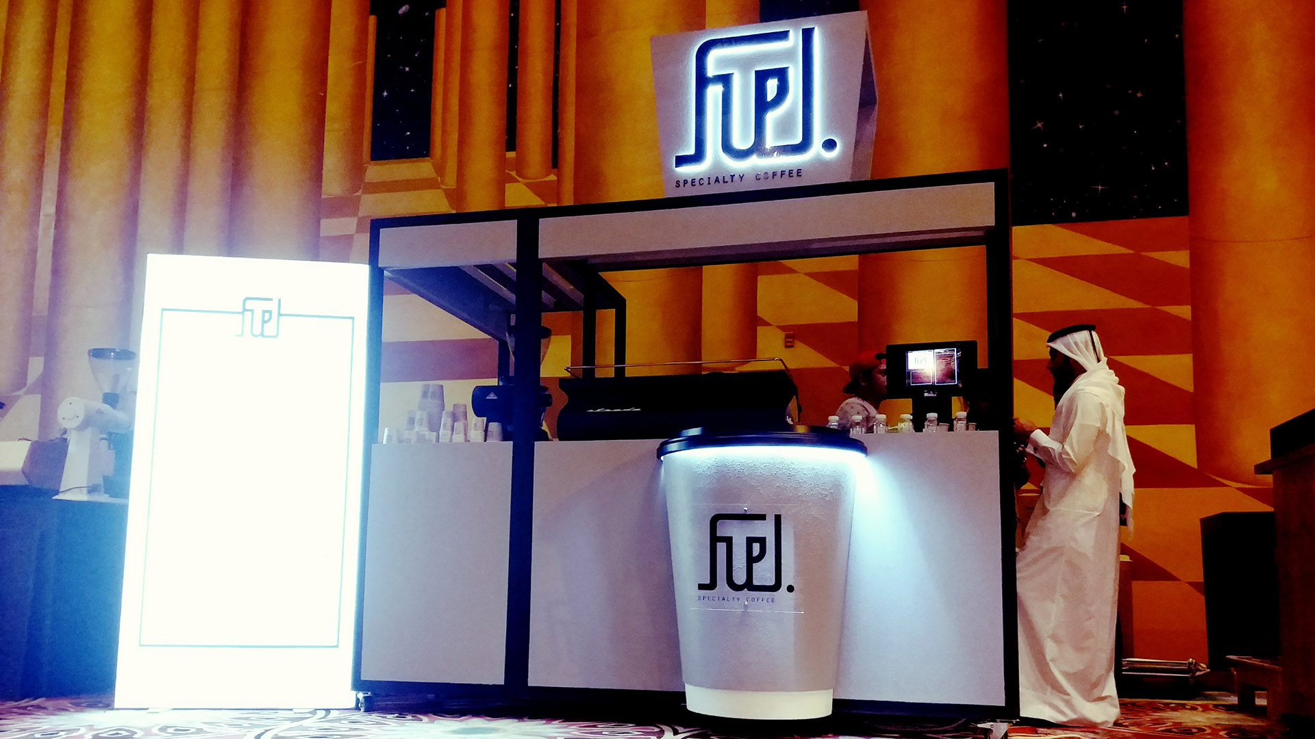 A custom Coffee Kiosk for Fuel Coffee designed, fabricated and installed by ME Visual, Qatar